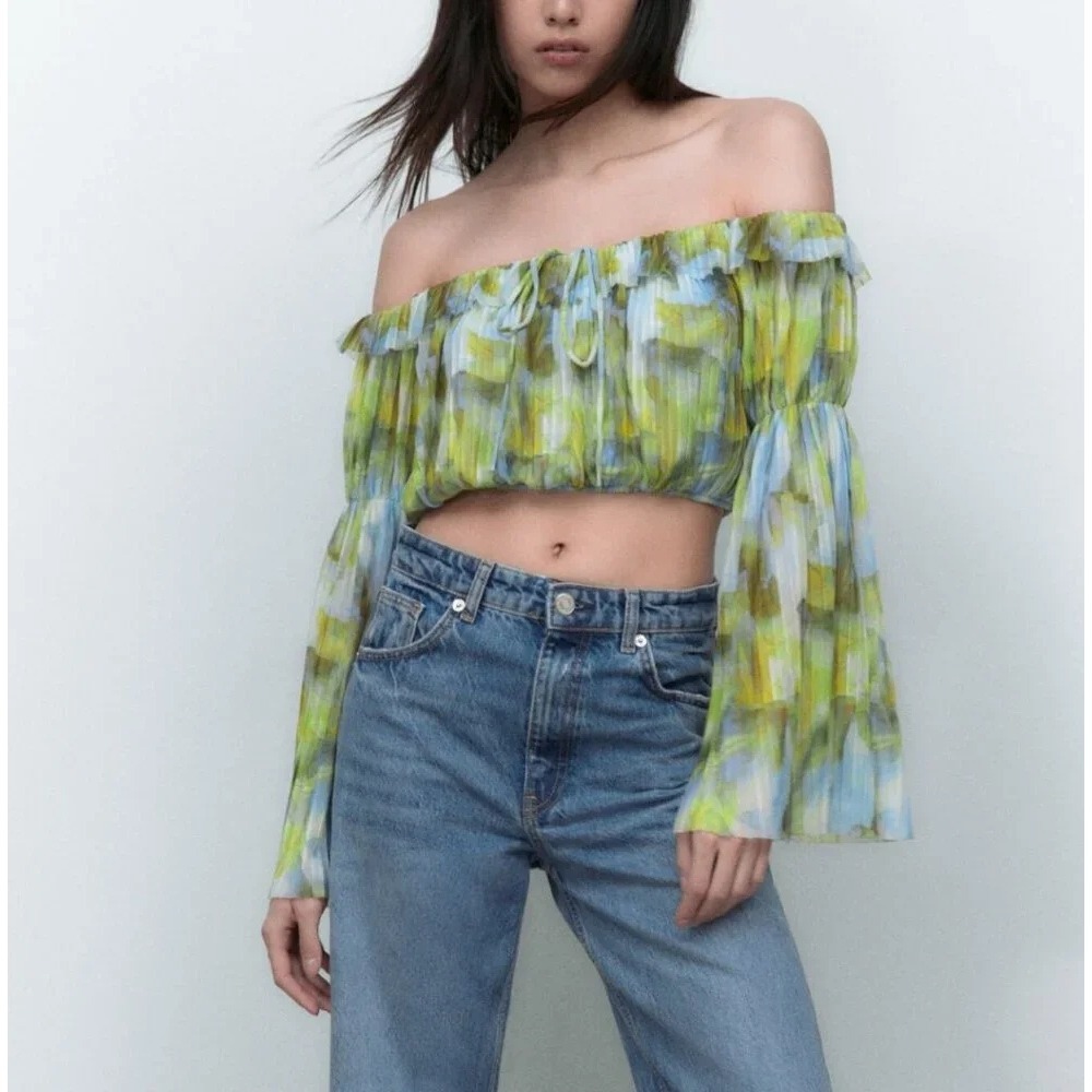 Zara women M pleated off the shoulder‎ sheer crop top bell sleeve fairy grunge